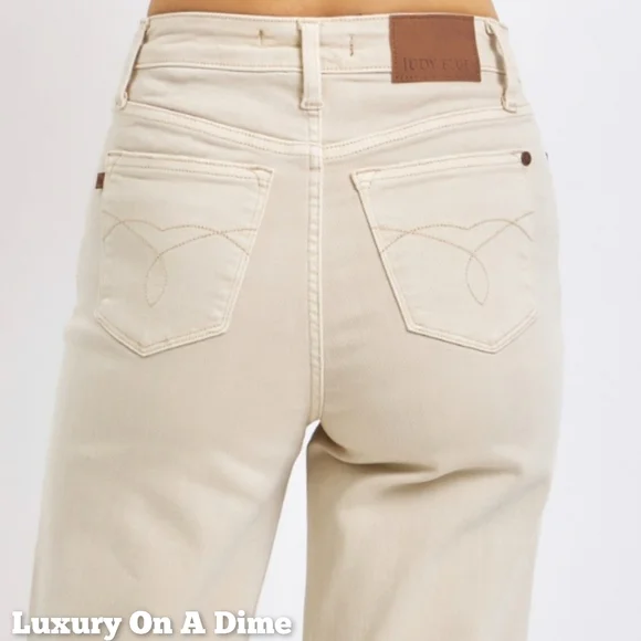 High Rise Mom Jeans Distressed Torn Knee Wide Leg Cream Denim Pants Judy Blue - Picture 6 of 14